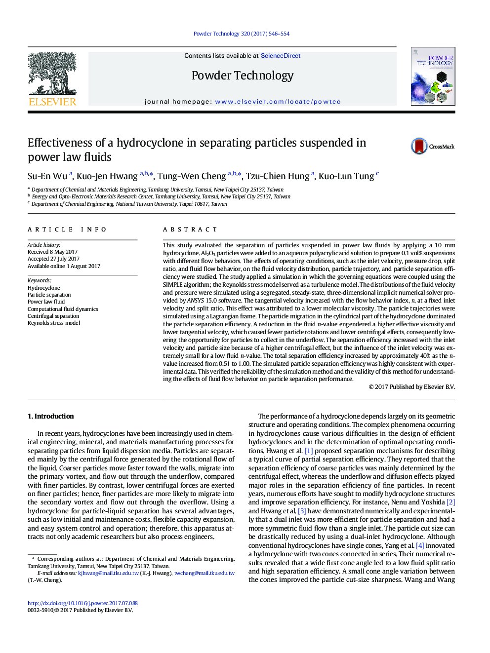 Effectiveness of a hydrocyclone in separating particles suspended in power law fluids