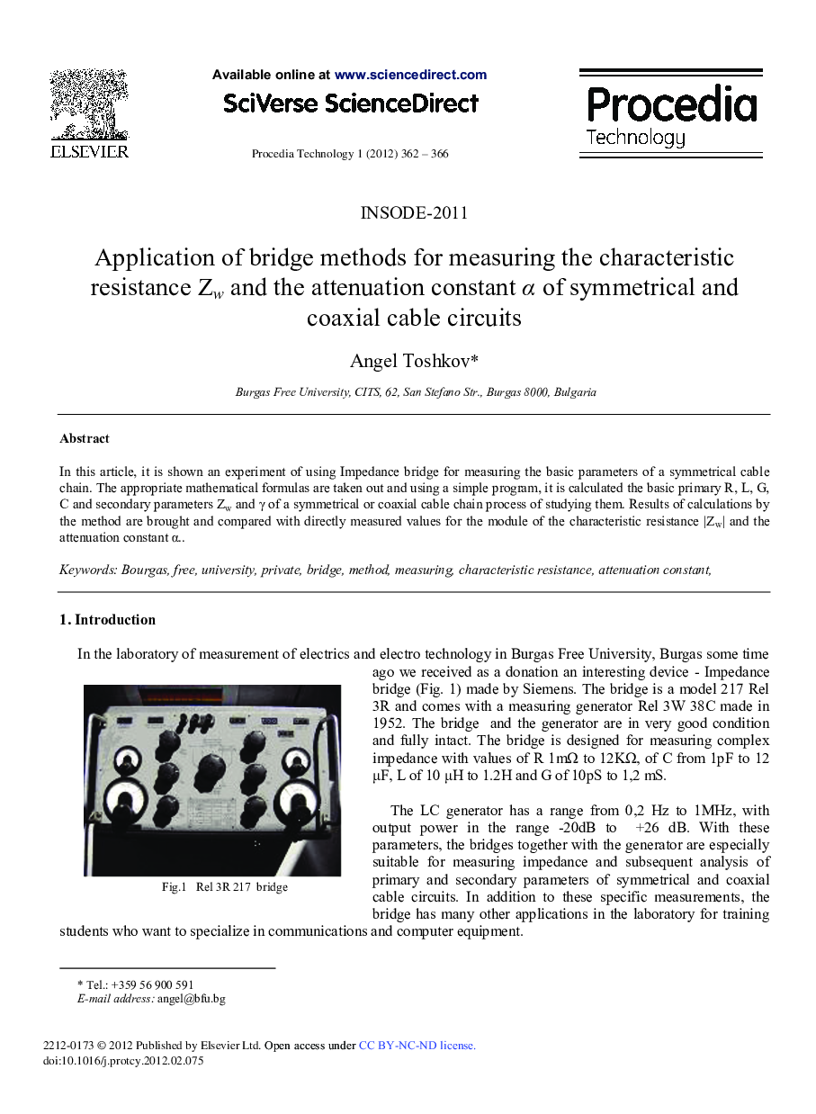 Application of bridge methods for measuring the characteristic resistance Zw and the attenuation constant α of symmetrical and coaxial cable circuits