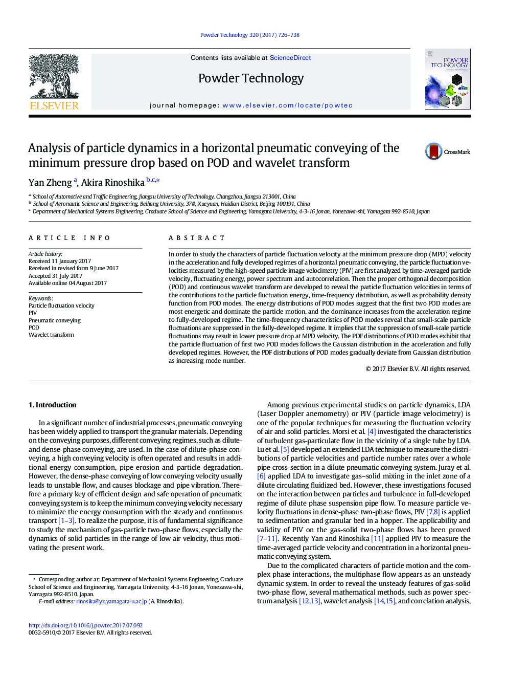 Analysis of particle dynamics in a horizontal pneumatic conveying of the minimum pressure drop based on POD and wavelet transform