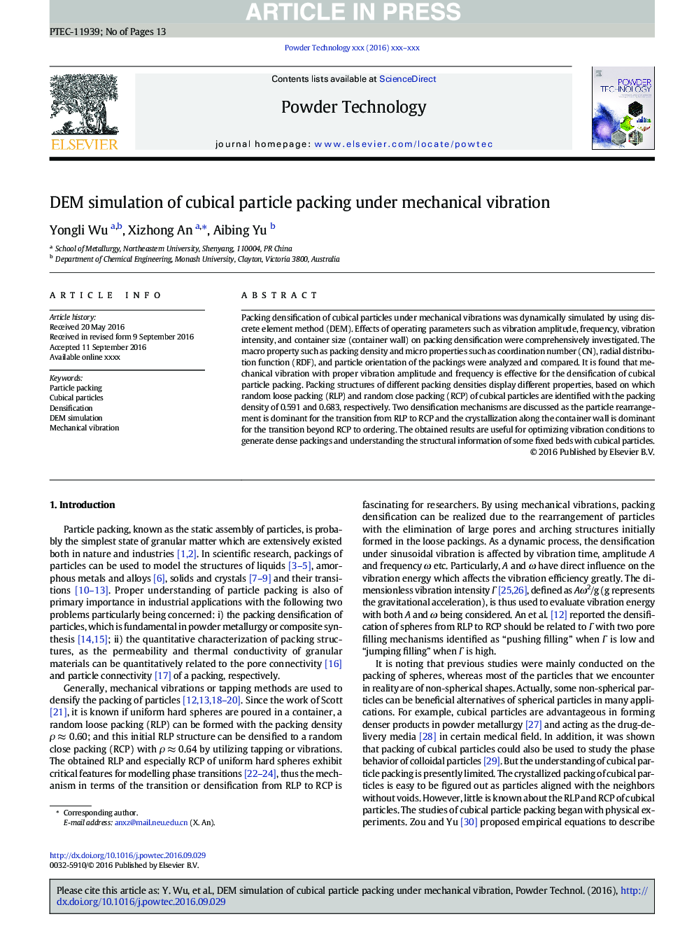 DEM simulation of cubical particle packing under mechanical vibration