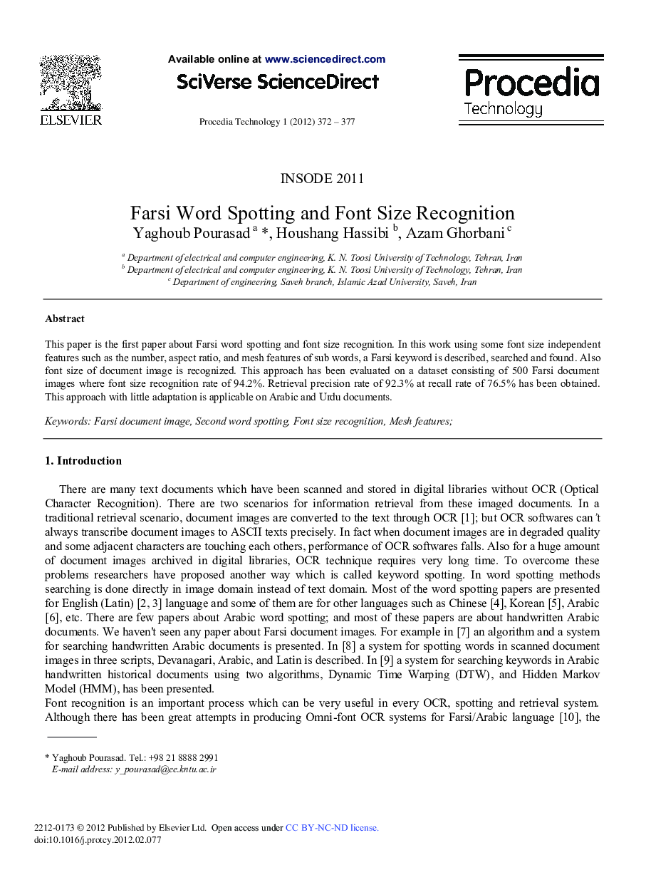 Farsi Word Spotting and Font Size Recognition