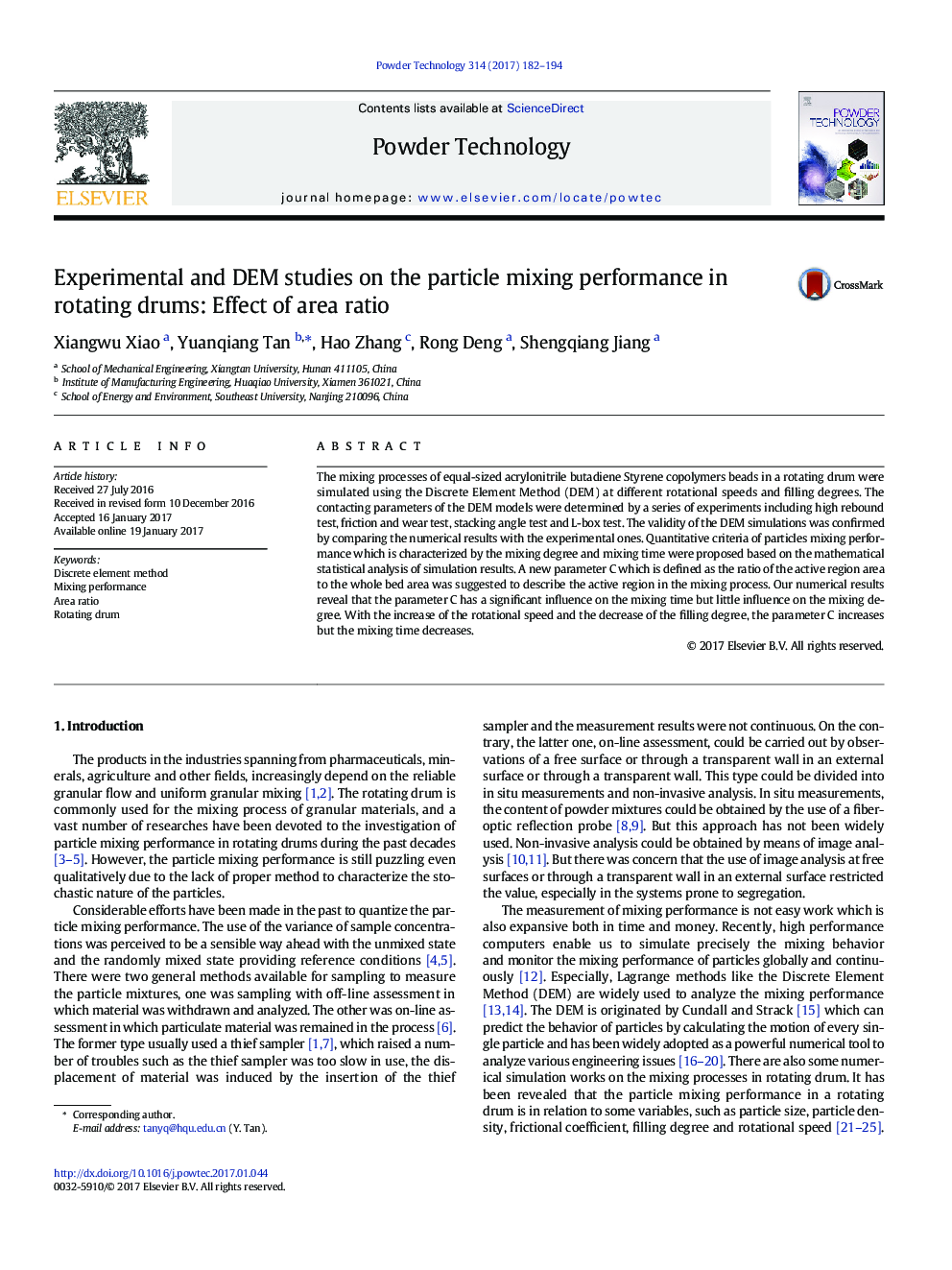 Experimental and DEM studies on the particle mixing performance in rotating drums: Effect of area ratio