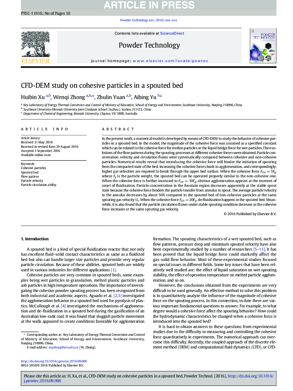 CFD-DEM study on cohesive particles in a spouted bed