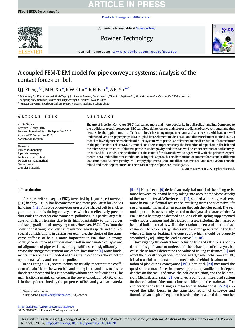 A coupled FEM/DEM model for pipe conveyor systems: Analysis of the contact forces on belt