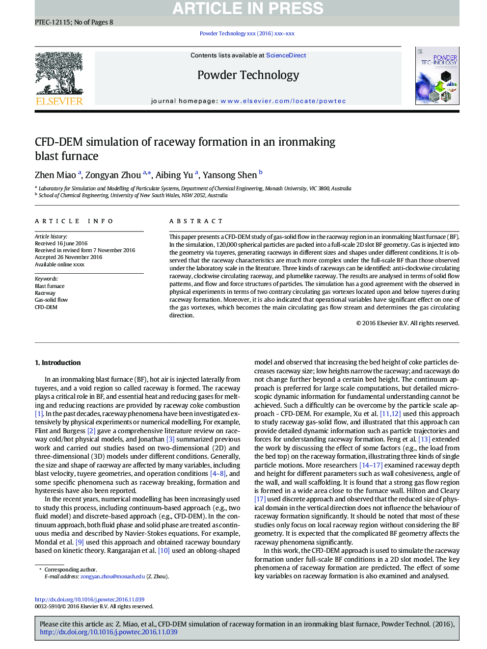 CFD-DEM simulation of raceway formation in an ironmaking blast furnace