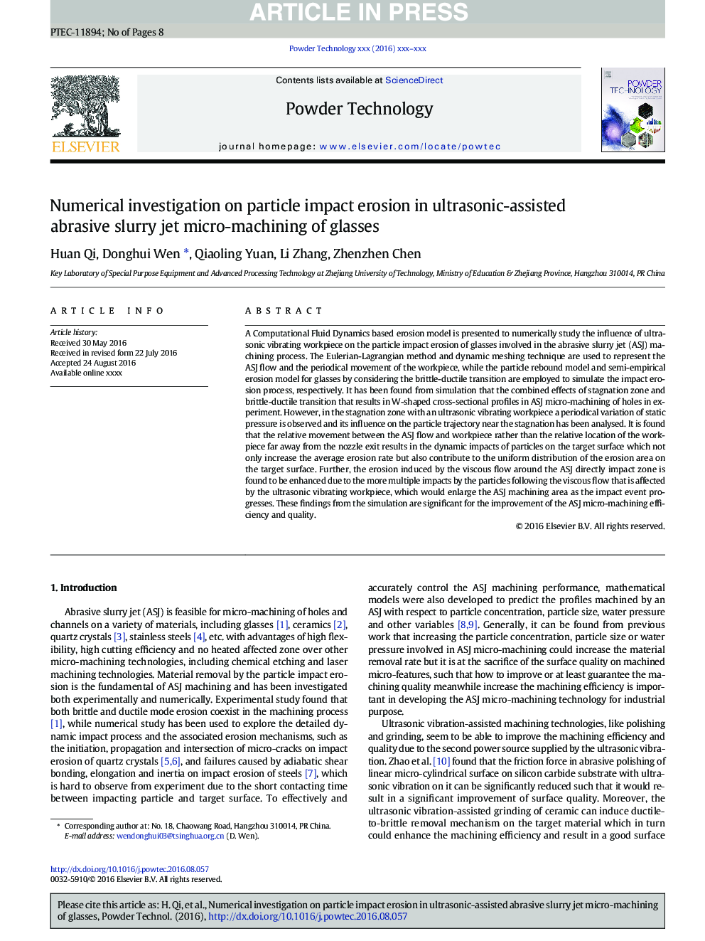 Numerical investigation on particle impact erosion in ultrasonic-assisted abrasive slurry jet micro-machining of glasses