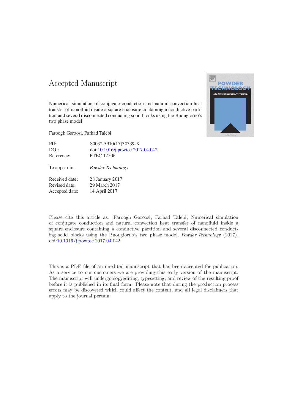 Numerical simulation of conjugate conduction and natural convection heat transfer of nanofluid inside a square enclosure containing a conductive partition and several disconnected conducting solid blocks using the Buongiorno's two phase model