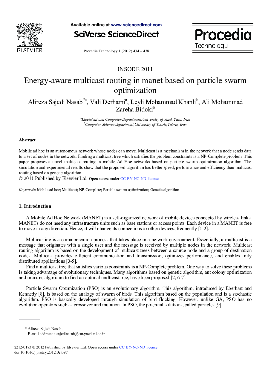 Energy-aware multicast routing in manet based on particle swarm optimization