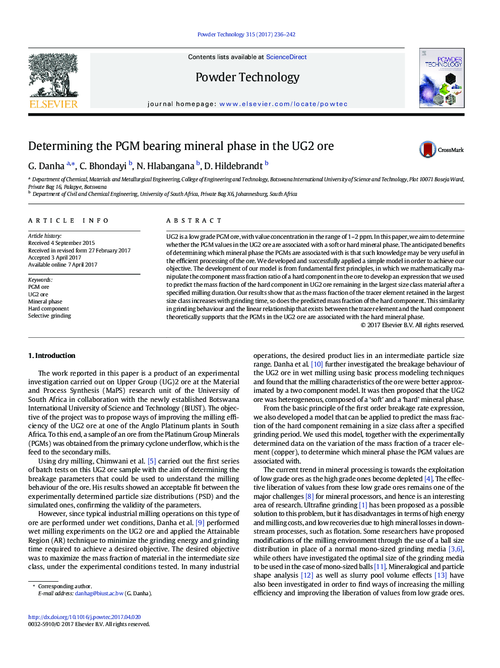 Determining the PGM bearing mineral phase in the UG2 ore