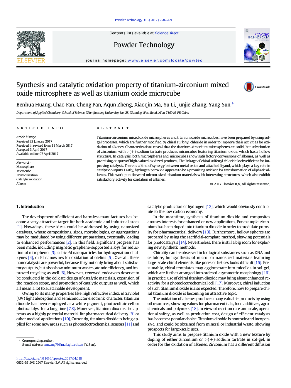 Synthesis and catalytic oxidation property of titanium-zirconium mixed oxide microsphere as well as titanium oxide microcube