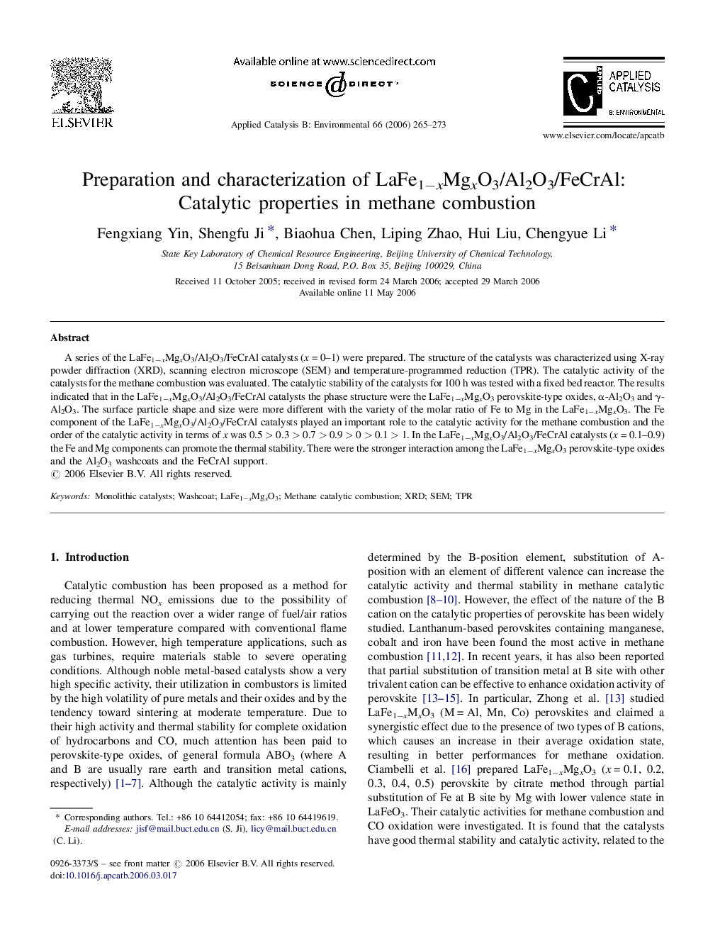 Preparation and characterization of LaFe1−xMgxO3/Al2O3/FeCrAl: Catalytic properties in methane combustion