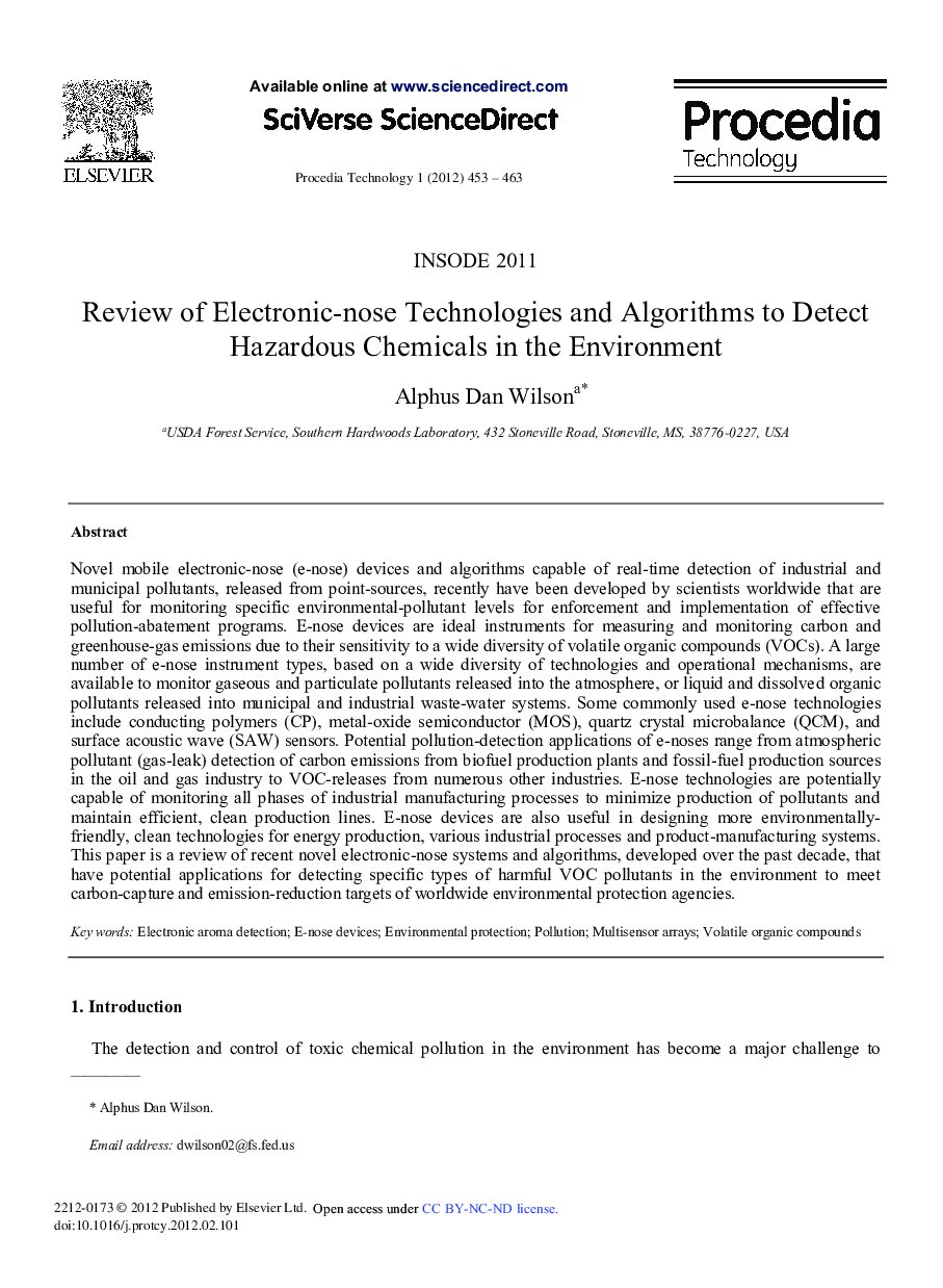 Review of Electronic-nose Technologies and Algorithms to Detect Hazardous Chemicals in the Environment