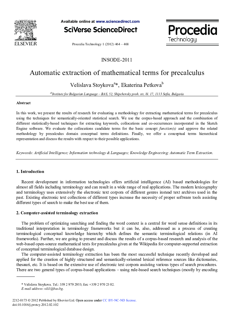 Automatic extraction of mathematical terms for precalculus