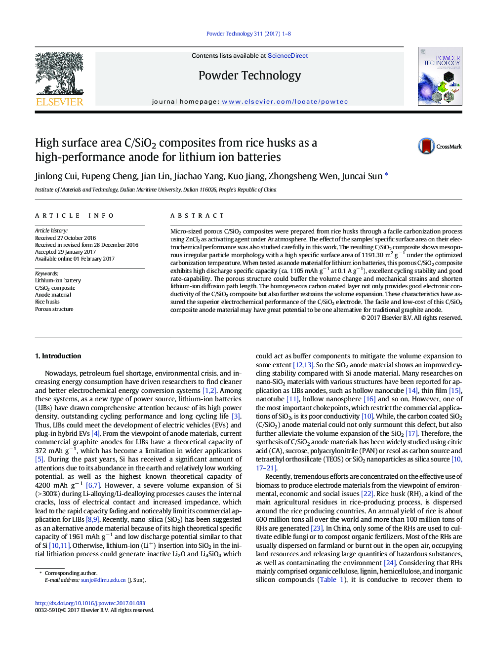 High surface area C/SiO2 composites from rice husks as a high-performance anode for lithium ion batteries