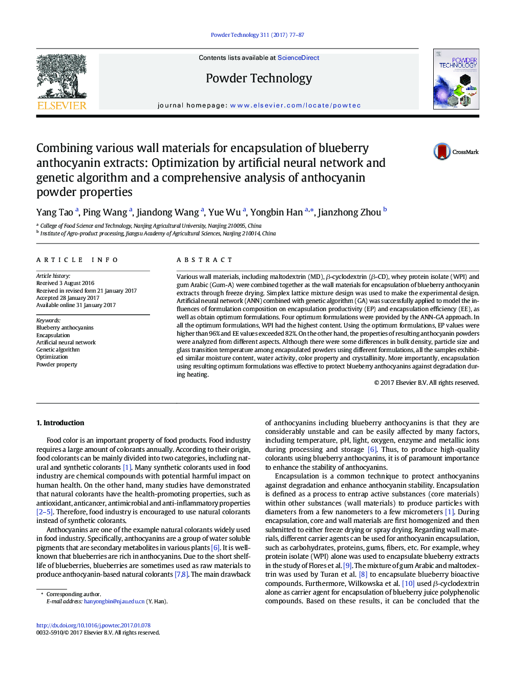 Combining various wall materials for encapsulation of blueberry anthocyanin extracts: Optimization by artificial neural network and genetic algorithm and a comprehensive analysis of anthocyanin powder properties