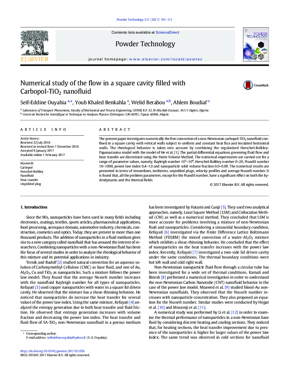 Numerical study of the flow in a square cavity filled with Carbopol-TiO2 nanofluid