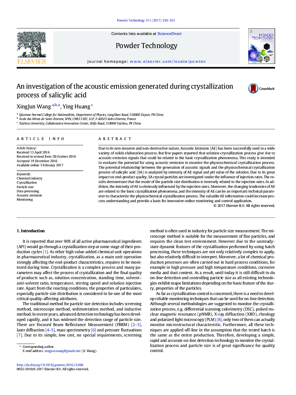 An investigation of the acoustic emission generated during crystallization process of salicylic acid