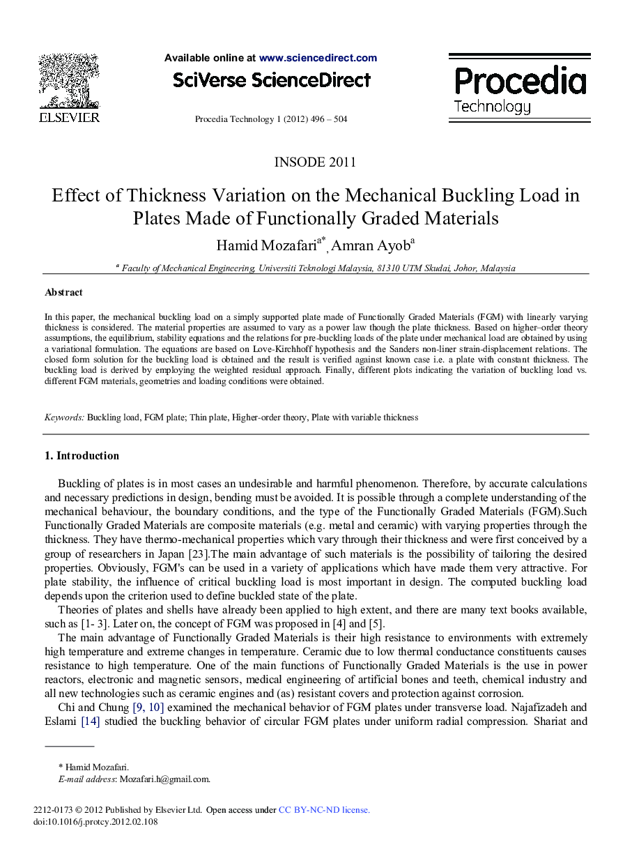 Effect of Thickness Variation on the Mechanical Buckling Load in Plates Made of Functionally Graded Materials