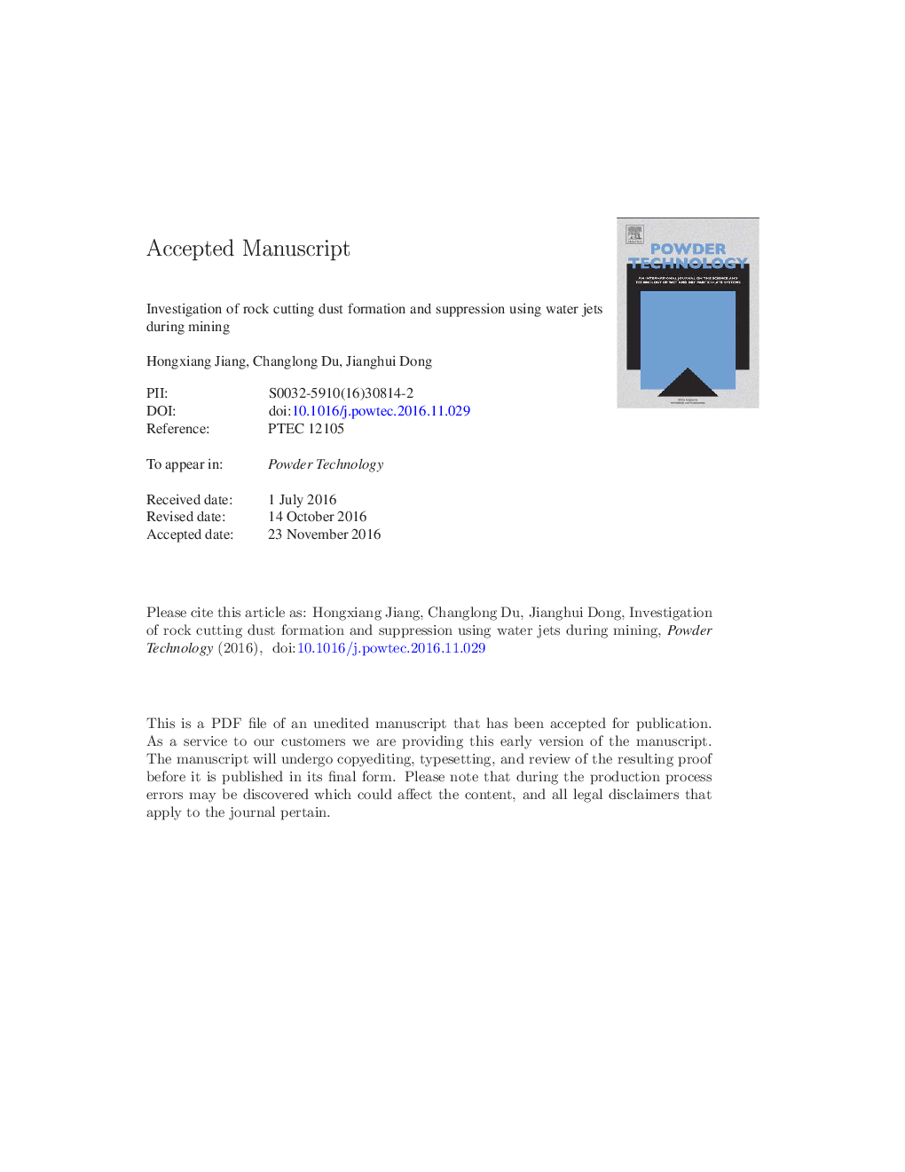 Investigation of rock cutting dust formation and suppression using water jets during mining