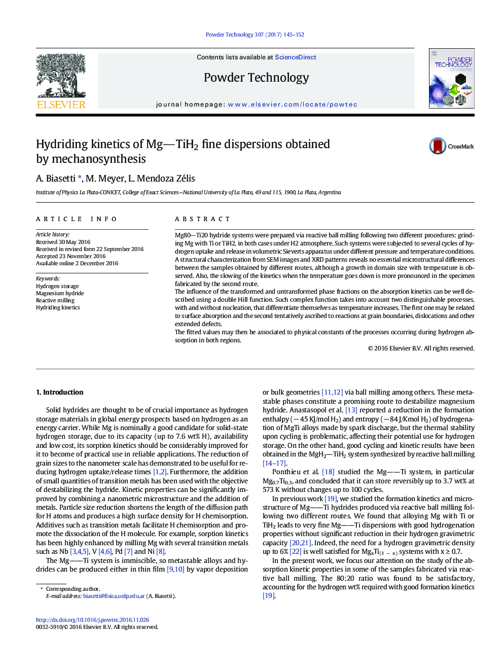 Hydriding kinetics of MgTiH2 fine dispersions obtained by mechanosynthesis