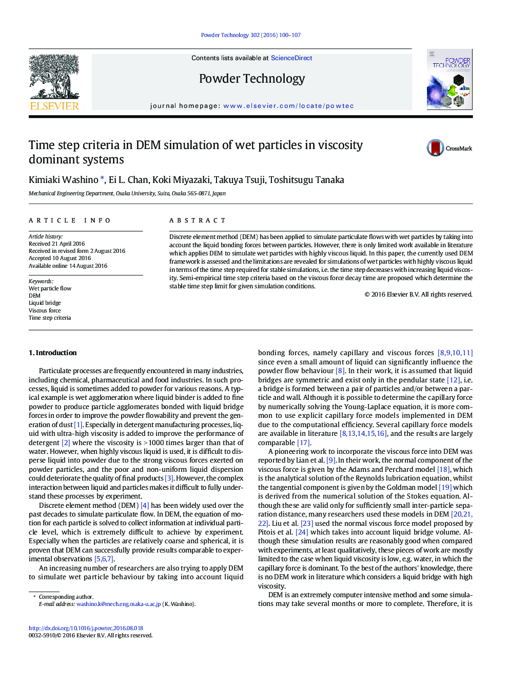 عکس صفحه اول مقاله: Time step criteria in DEM simulation of wet particles in viscosity dominant systems Time step criteria in DEM simulation of wet particles in viscosity dominant systems