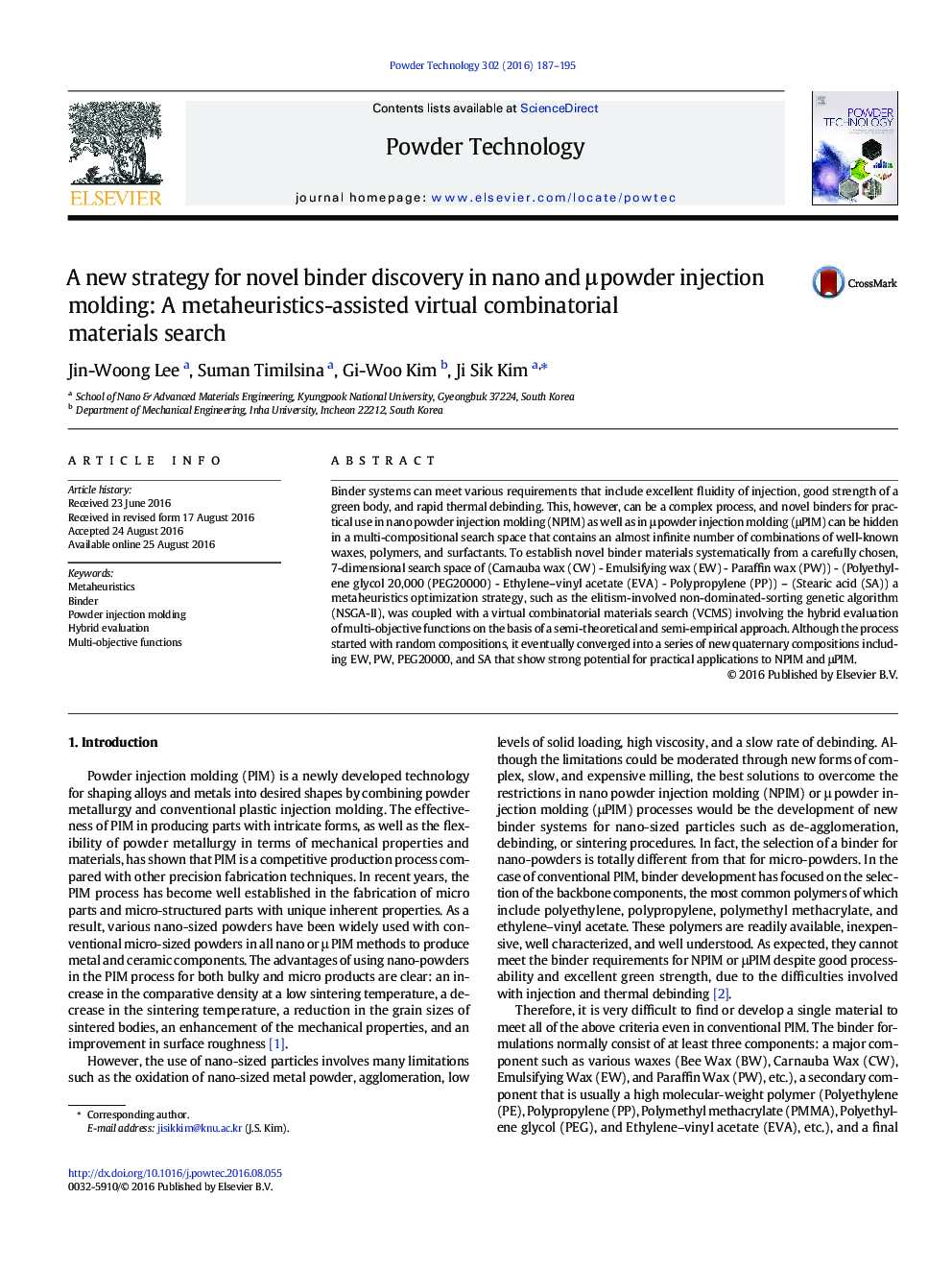 A new strategy for novel binder discovery in nano and Î¼ powder injection molding: A metaheuristics-assisted virtual combinatorial materials search