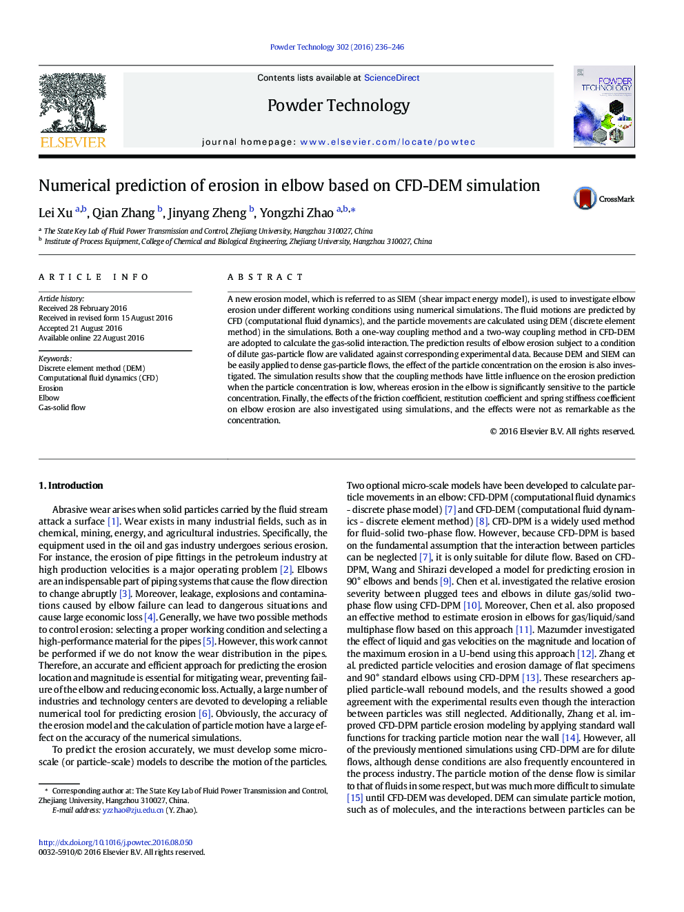 عکس صفحه اول مقاله: Numerical prediction of erosion in elbow based on CFD-DEM simulation Numerical prediction of erosion in elbow based on CFD-DEM simulation