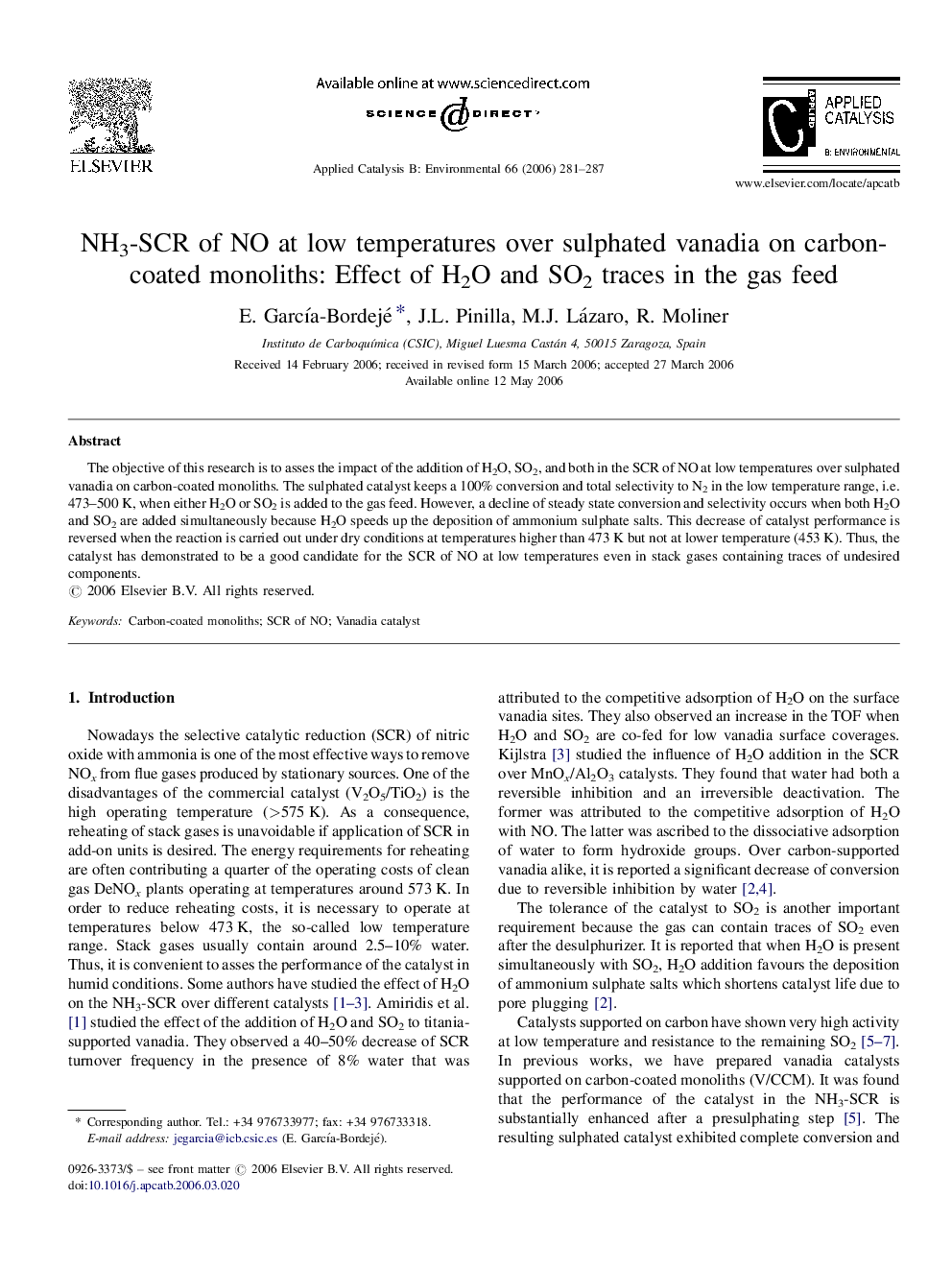 NH3-SCR of NO at low temperatures over sulphated vanadia on carbon-coated monoliths: Effect of H2O and SO2 traces in the gas feed