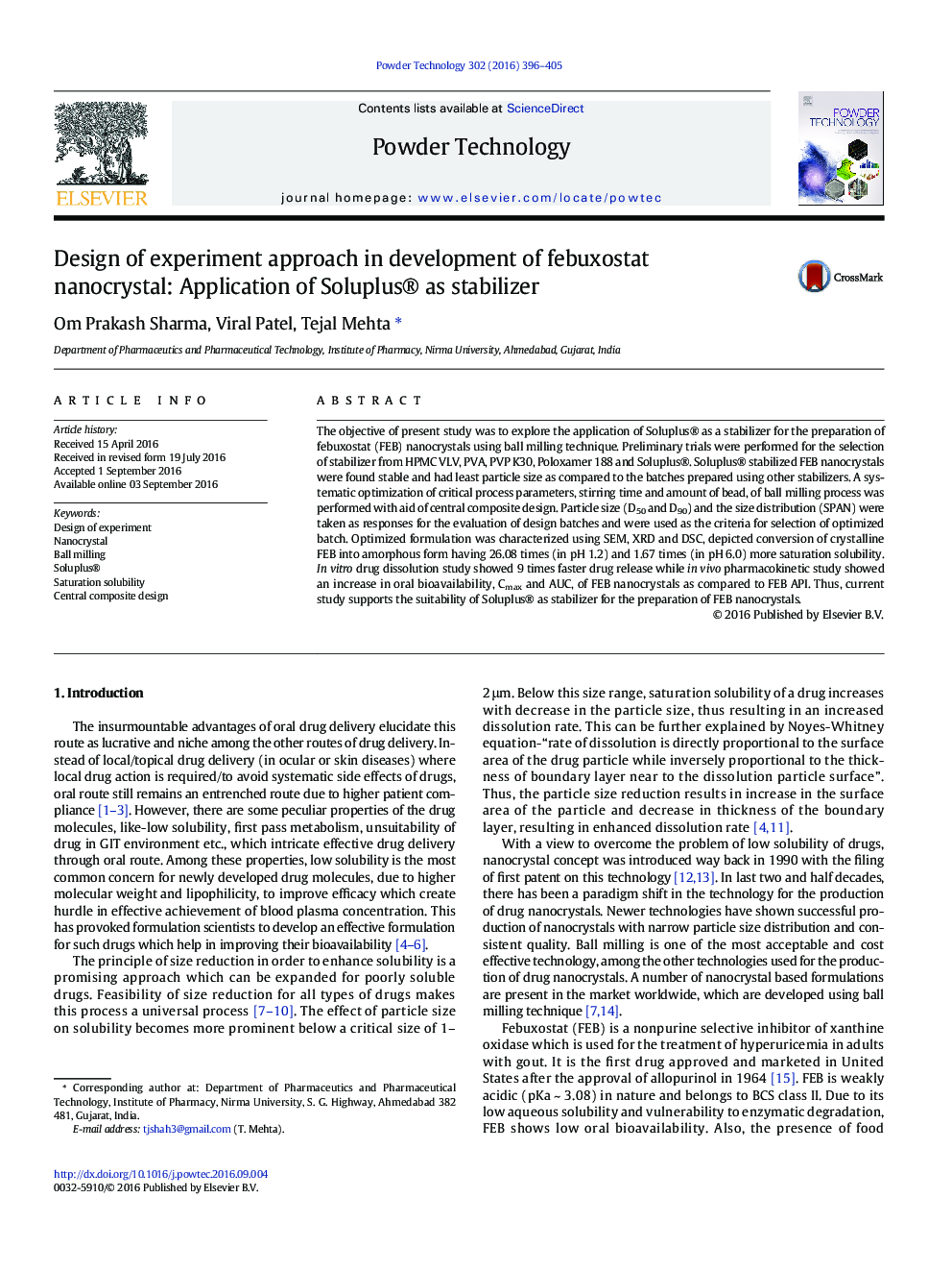 Design of experiment approach in development of febuxostat nanocrystal: Application of Soluplus® as stabilizer