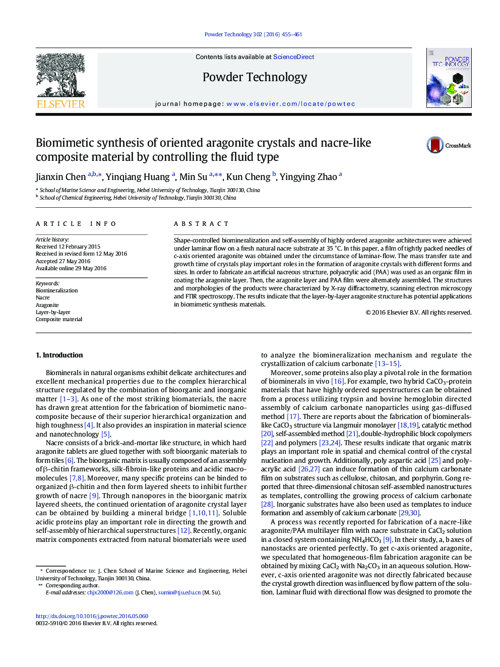 Biomimetic synthesis of oriented aragonite crystals and nacre-like composite material by controlling the fluid type