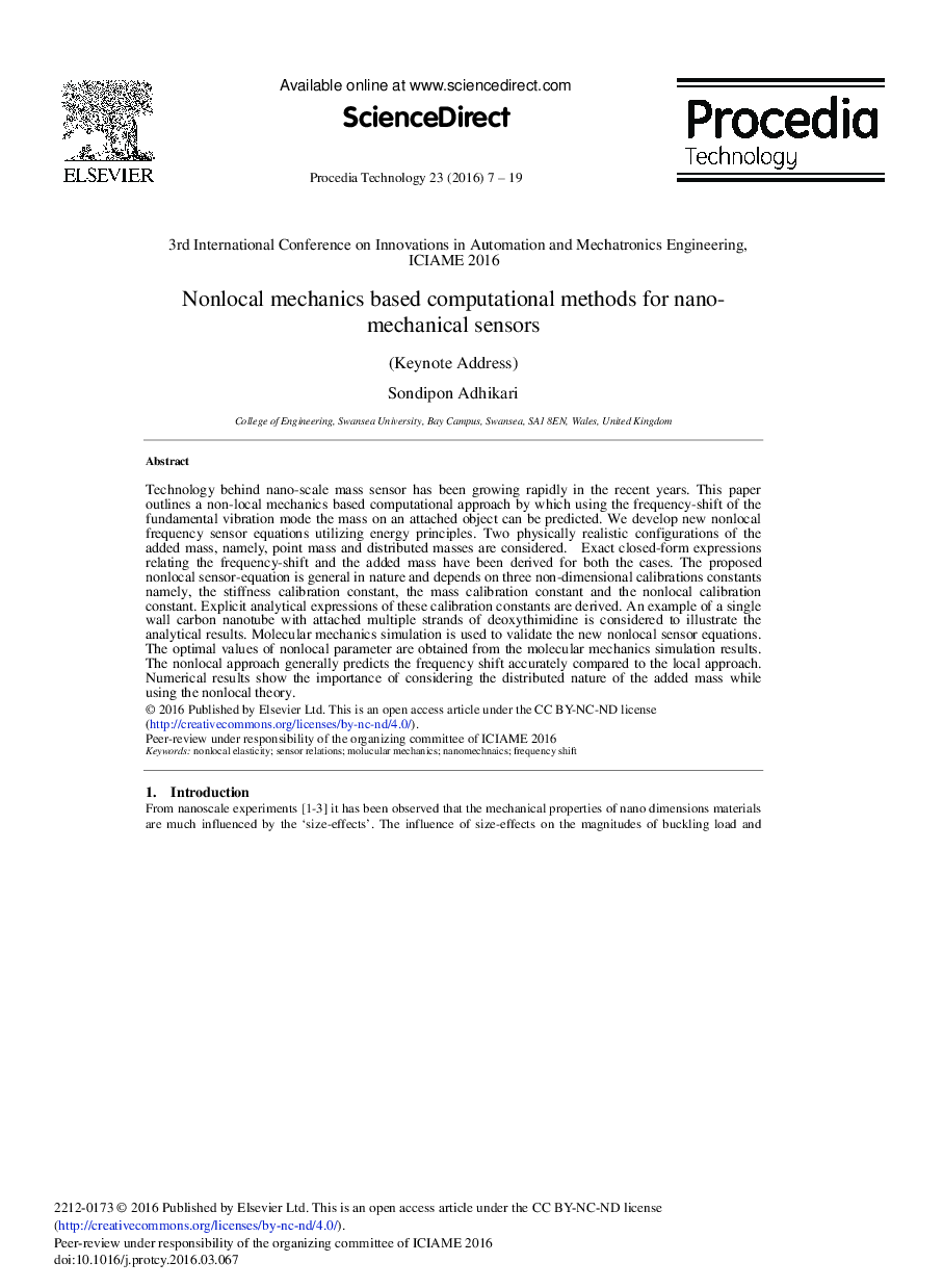 Nonlocal Mechanics Based Computational Methods for Nano-mechanical Sensors (Keynote Address) 