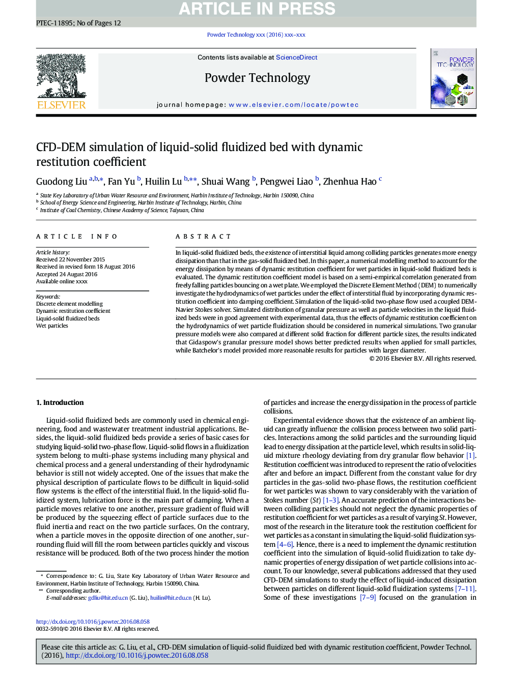 CFD-DEM simulation of liquid-solid fluidized bed with dynamic restitution coefficient