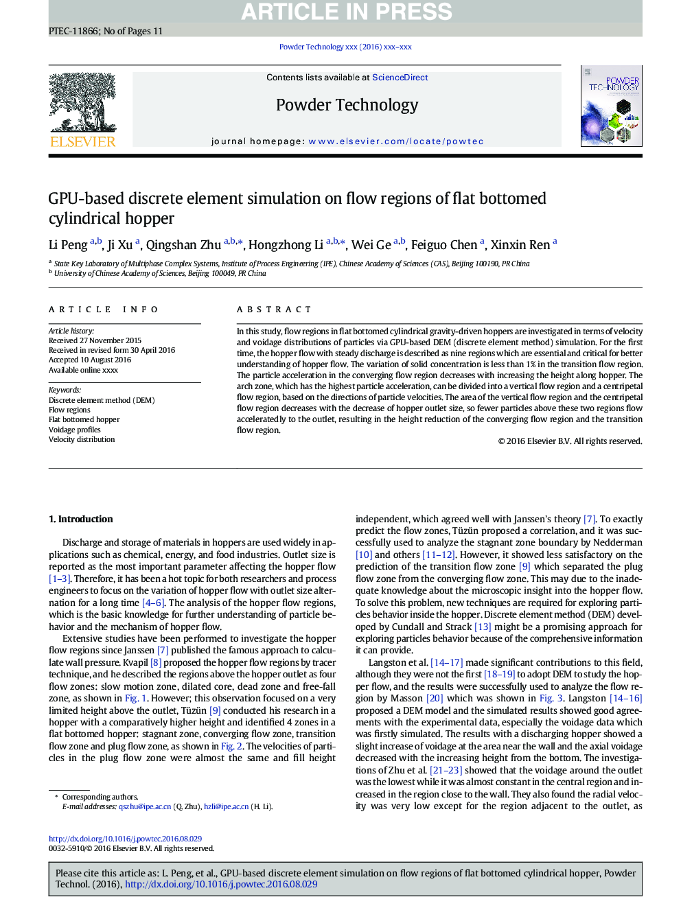 GPU-based discrete element simulation on flow regions of flat bottomed cylindrical hopper