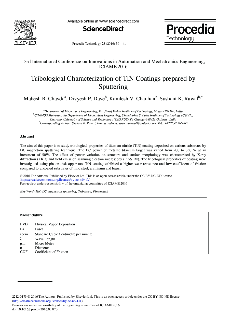 Tribological Characterization of TiN Coatings Prepared by Sputtering 