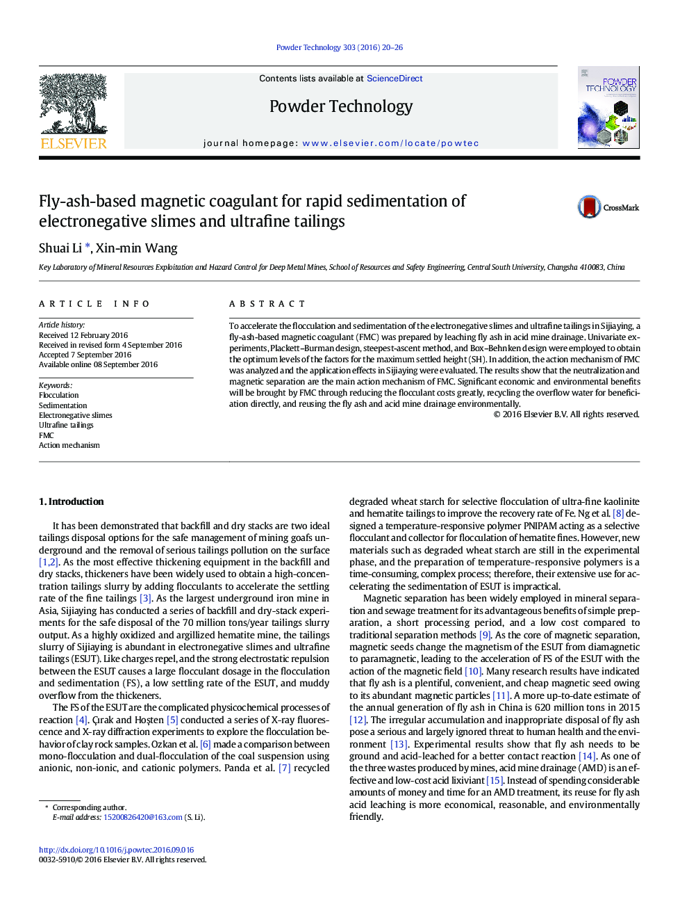 Fly-ash-based magnetic coagulant for rapid sedimentation of electronegative slimes and ultrafine tailings