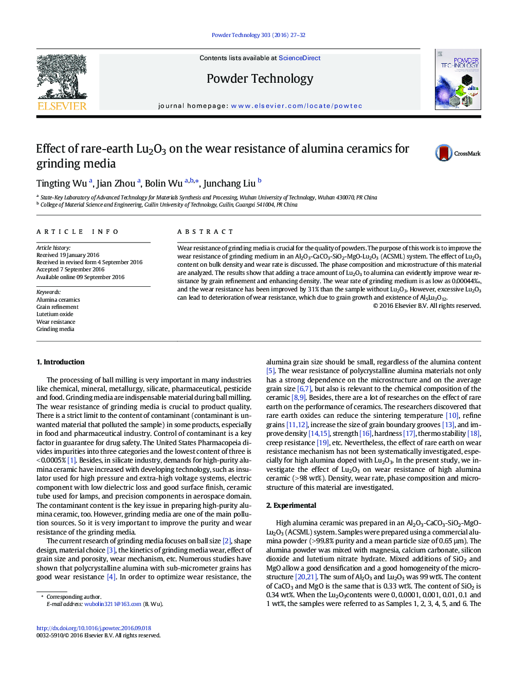 Effect of rare-earth Lu2O3 on the wear resistance of alumina ceramics for grinding media