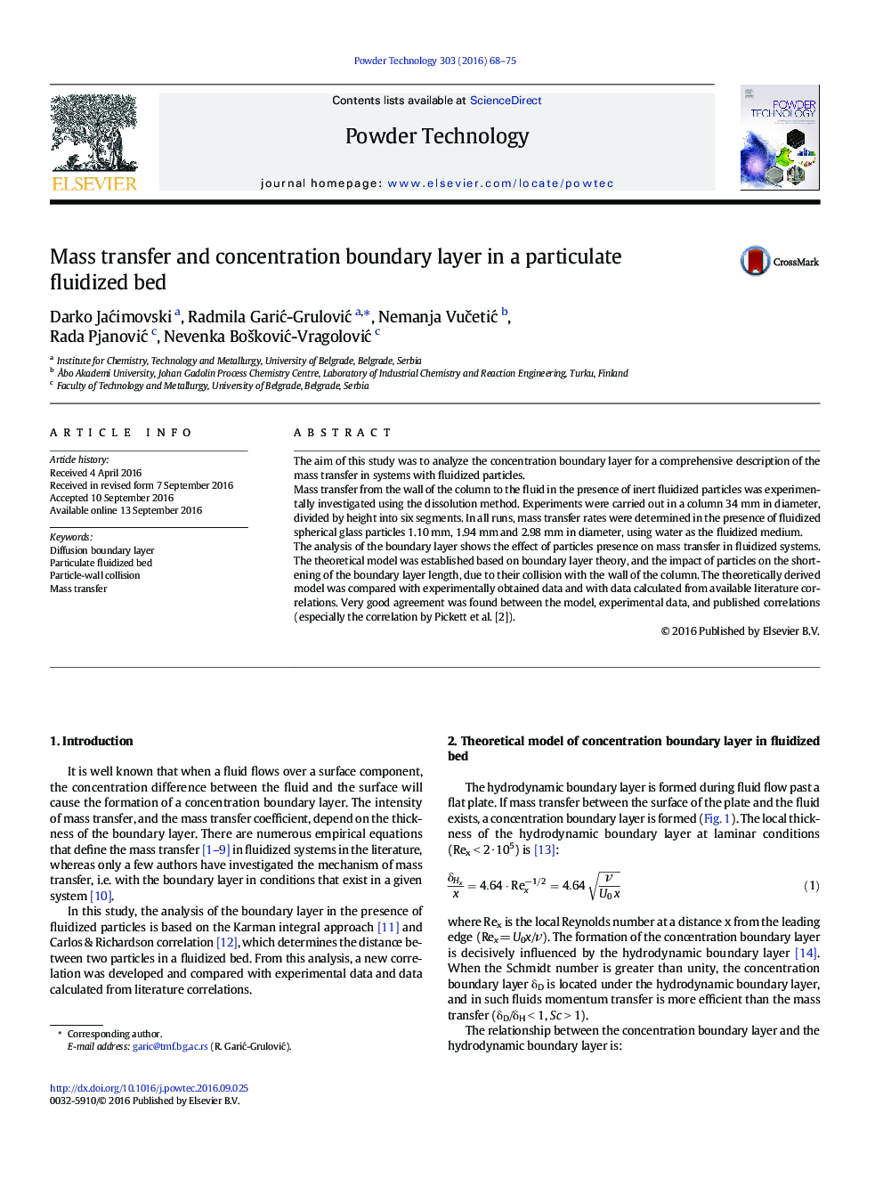 Mass transfer and concentration boundary layer in a particulate fluidized bed