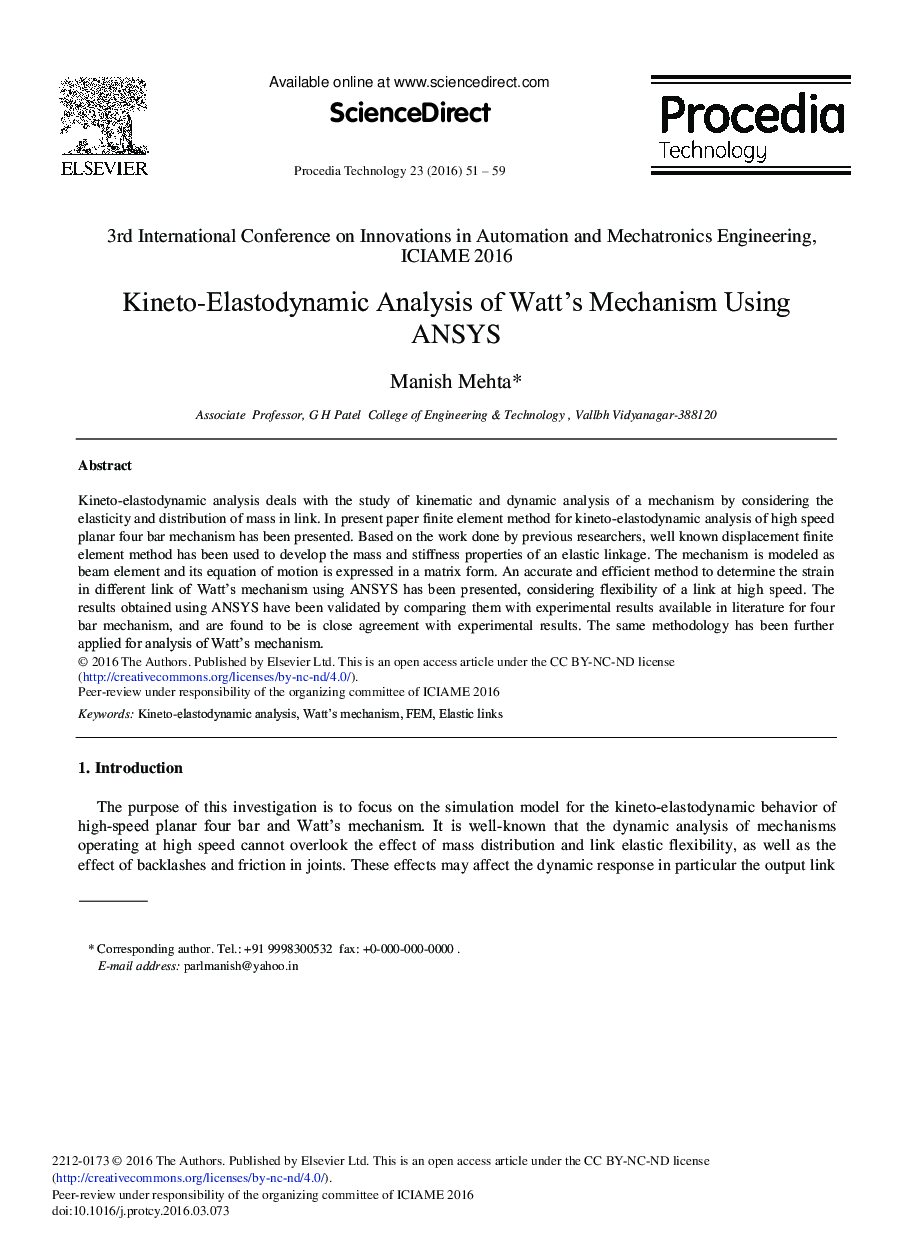 Kineto-Elastodynamic Analysis of Watt's Mechanism Using ANSYS 
