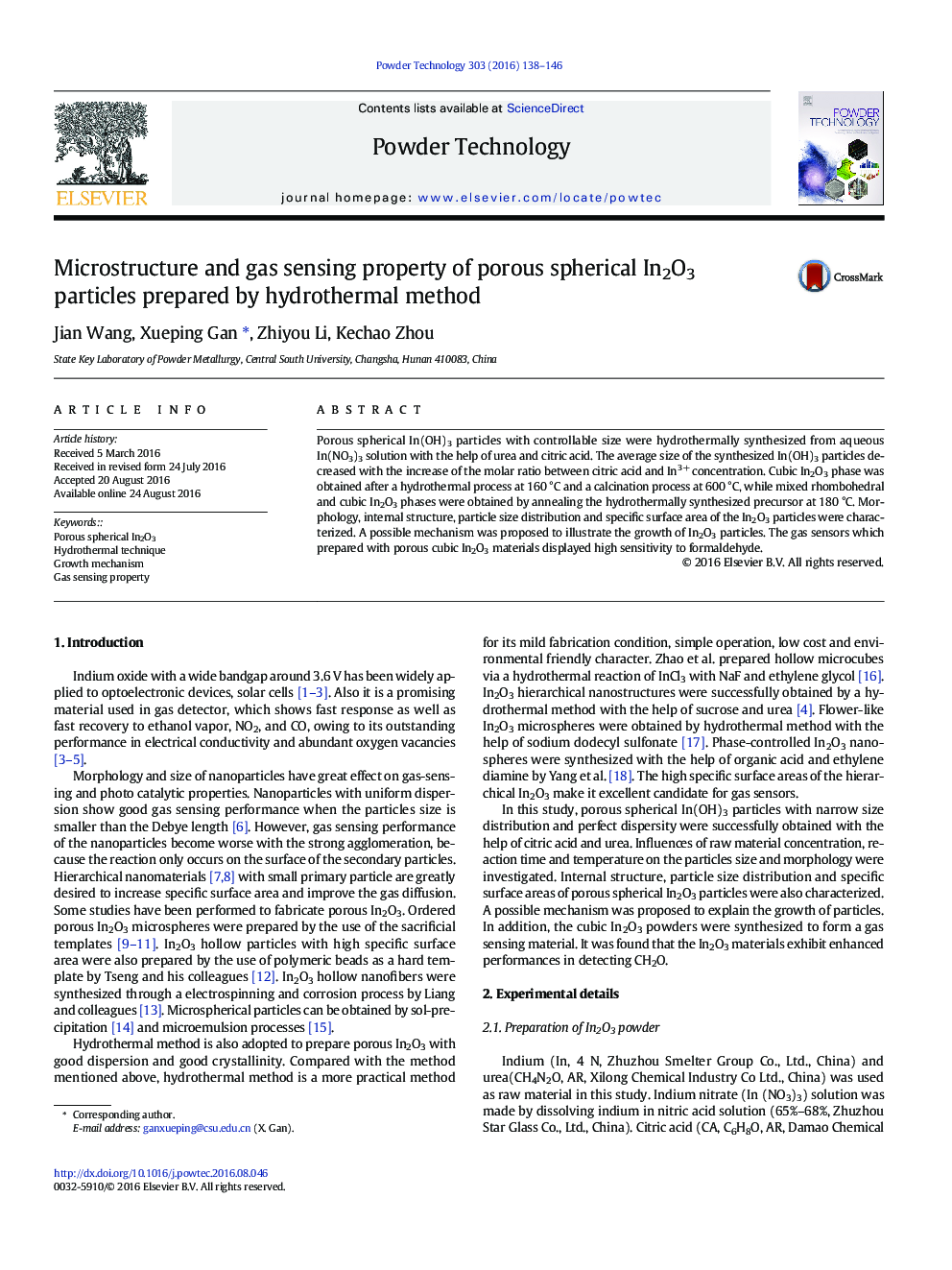 Microstructure and gas sensing property of porous spherical In2O3 particles prepared by hydrothermal method