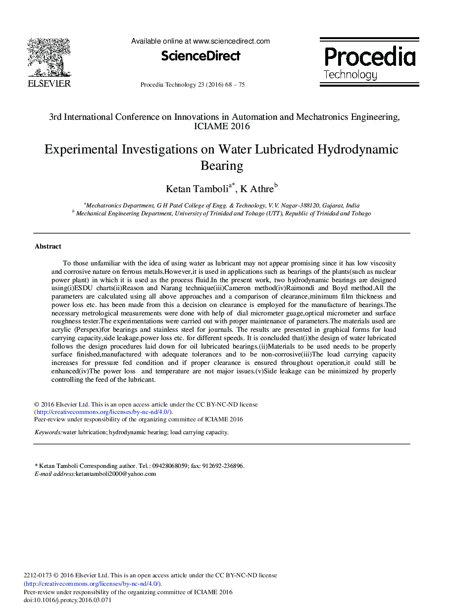 Experimental Investigations on Water Lubricated Hydrodynamic Bearing 