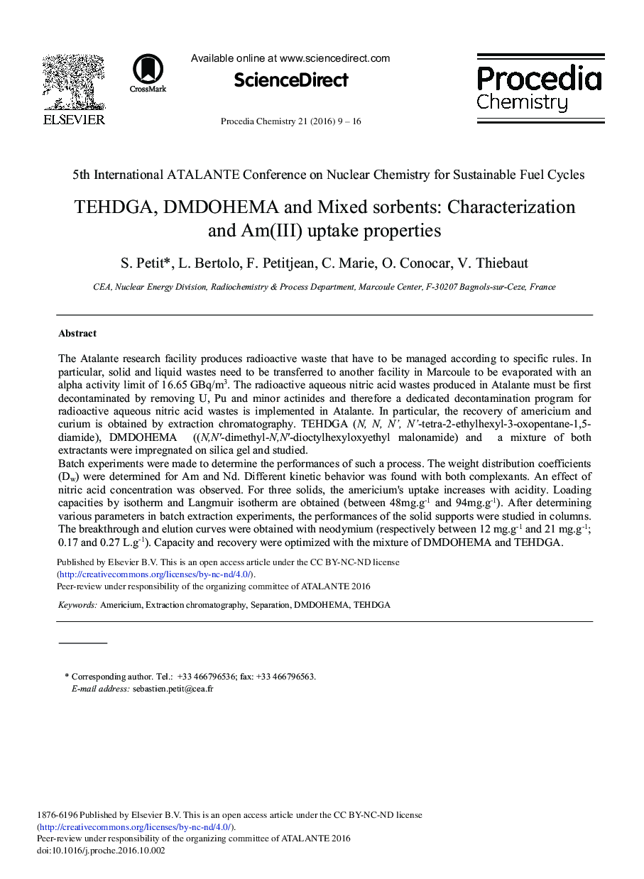 TEHDGA, DMDOHEMA and Mixed Sorbents: Characterization and Am(III) Uptake Properties