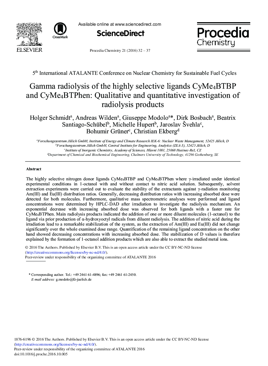 Gamma Radiolysis of the Highly Selective Ligands CyMe4BTBP and CyMe4BTPhen: Qualitative and Quantitative Investigation of Radiolysis Products