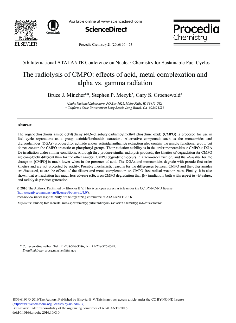 The Radiolysis of CMPO: Effects of Acid, Metal Complexation and Alpha vs. Gamma Radiation