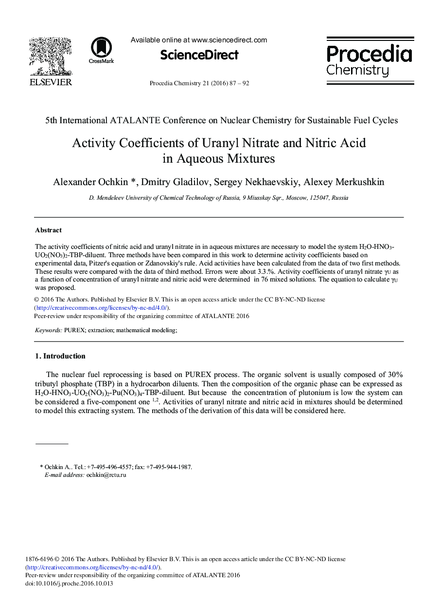 Activity Coefficients of Uranyl Nitrate and Nitric Acid in Aqueous Mixtures