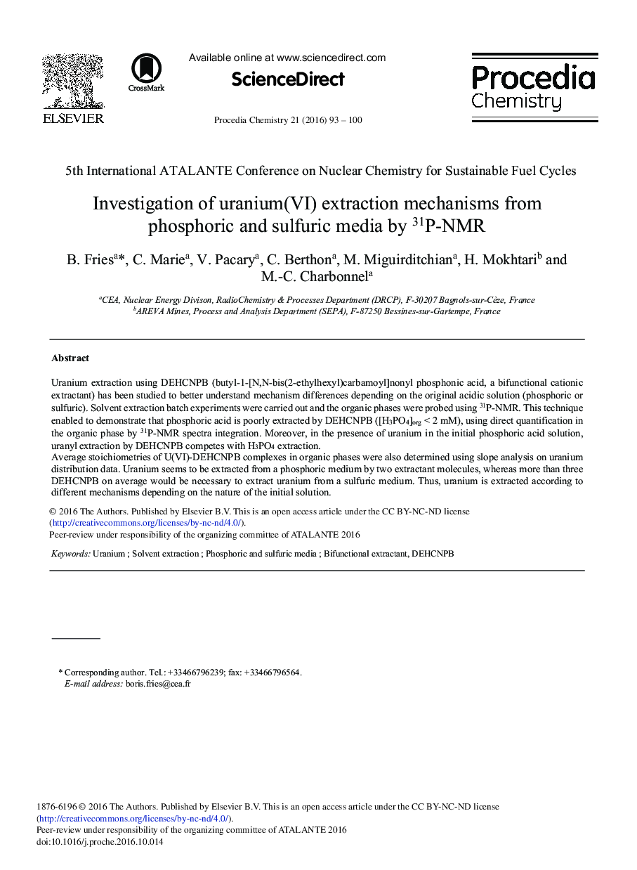 Investigation of Uranium(VI) Extraction Mechanisms from Phosphoric and Sulfuric Media by 31P-NMR