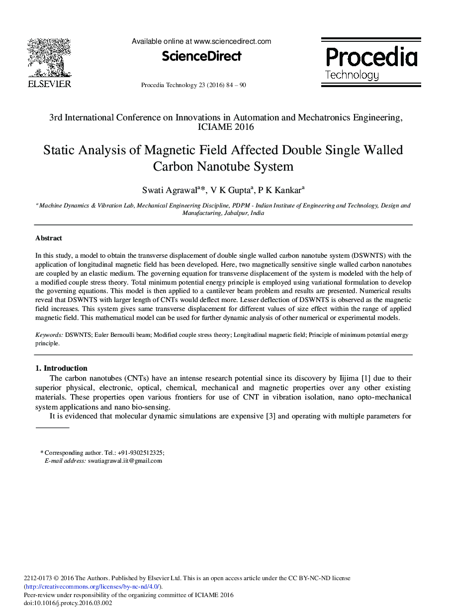 Static Analysis of Magnetic Field Affected Double Single Walled Carbon Nanotube System 