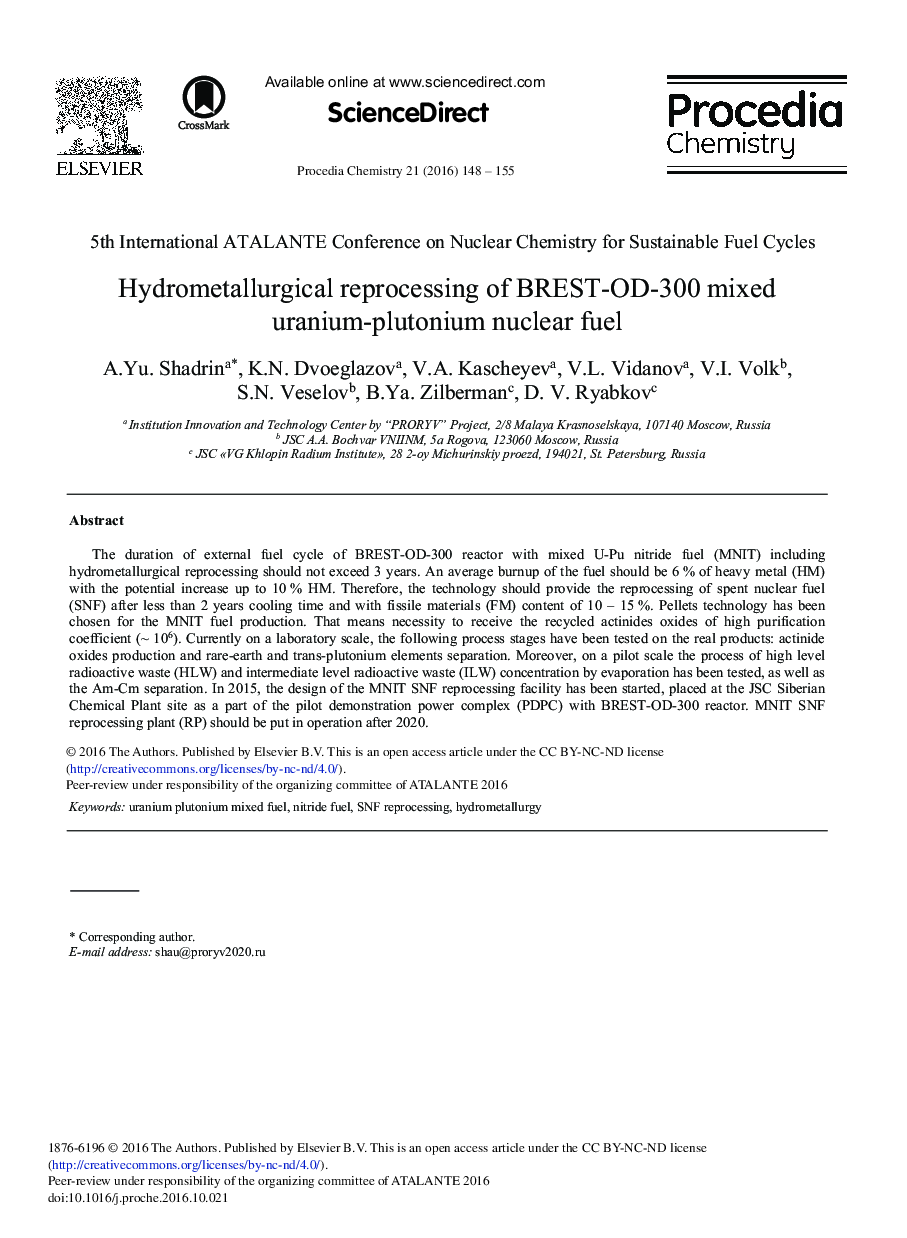 Hydrometallurgical Reprocessing of BREST-OD-300 Mixed Uranium-plutonium Nuclear Fuel