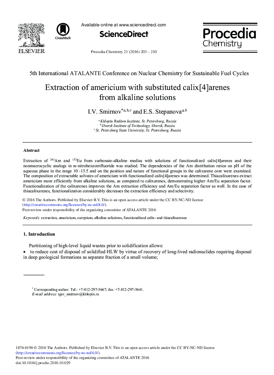 Extraction of Americium with Substituted Calix[4]Arenes from Alkaline Solutions