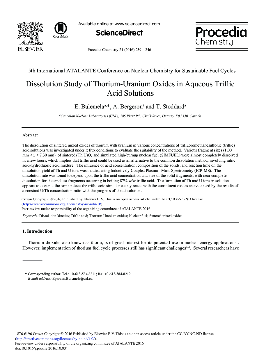 Dissolution Study of Thorium-Uranium Oxides in Aqueous Triflic Acid Solutions