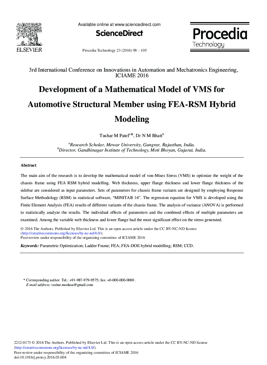 Development of a Mathematical Model of VMS for Automotive Structural Member using FEA-RSM Hybrid Modeling 